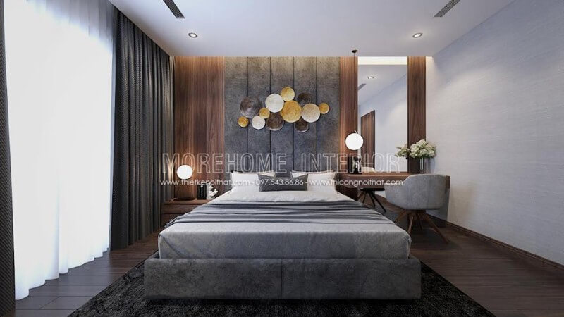 Đèn thả cùng đèn bàn khối cầu độc đáo sẽ là lựa chọn thú vị tạo nên nét tinh tế trong phòng ngủ hiện đại. Thiết kế chung cư