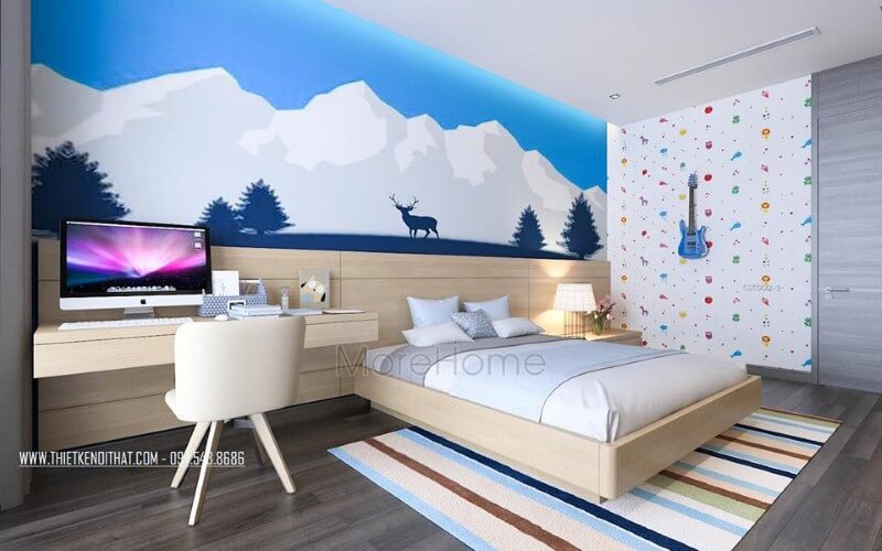 Giường ngủ gỗ sồi hiện đại cùng gỗ ốp đầu giường gam sáng màu tạo nên vẻ đẹp trẻ trung, độc đáo cho phòng ngủ con trai hiện đại. thiết kế nội thất chung cư