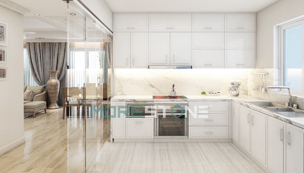 Đá ốp bếp màu trắng vân mây tạo nên vẻ đẹp mềm mại, độc đáo và không kém phần sang trọng cho nội thất phòng bếp Thiết kế phòng bếp, tủ bếp đẹp