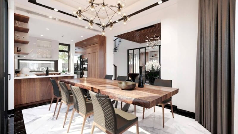 Sẽ là một gợi ý tuyệt vời với sự hiện hữu tủ bếp gỗ óc chó veneer trầm ấm kết hợp tone màu trắng sáng, long lanh từ tủ bếp trên gỗ công nghiệp An Cường acrylic và mặt bàn bếp đá nhân tạo LG. Sự tương phản giữa 2 sắc màu sẽ là ý tưởng tuyệt vời cho bố trí nội thất phòng bếp hiện đại cho không gian nhà phố, biệt thự. Mẫu tủ bếp biệt thự acrylic