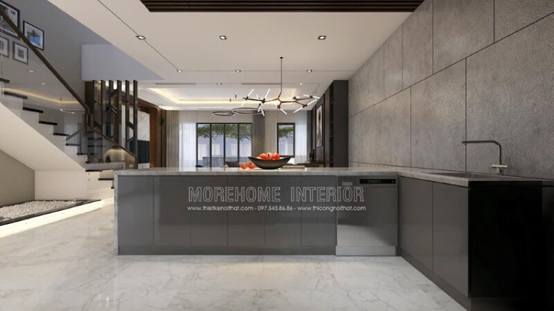 Thiết kế nội thất hiện đại đẹp, độc đáo với gam màu ghi nổi bật trong toàn không gian bếp từ bộ tủ bếp đảo gỗ acrylic sáng bóng được phủ bề mặt đá ốp sang trọng, gạch ốp tường giả bê tông. Mẫu tủ bếp biệt thự acrylic