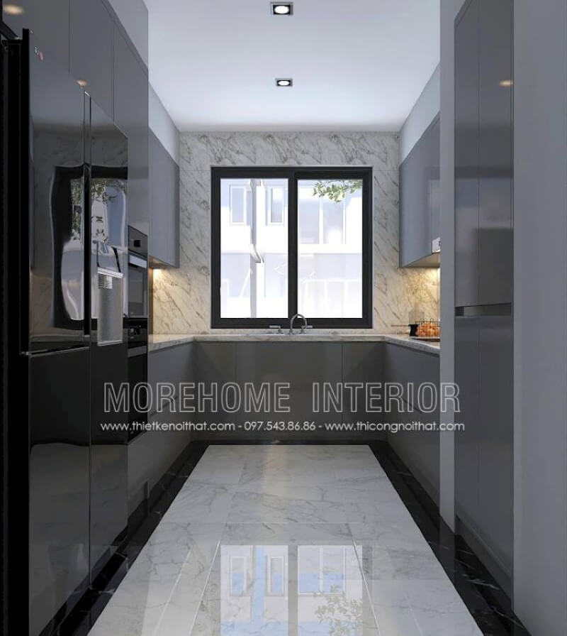 Với phòng bếp không được lớn, bạn nên bố trí nội thất với tủ bếp hình chữ U hiện đại gỗ acrylic trong đây với một bên bố trí tủ lạnh, lò vi sóng, lò nướng một bên là bếp từ nấu và tủ bếp đựng bát đĩa, xoong nồi cần thiết và ở giữa là chậu rửa là một trong những gợi ý giúp không gian bếp được phát huy tối đa công năng. Mẫu tủ bếp biệt thự acrylic