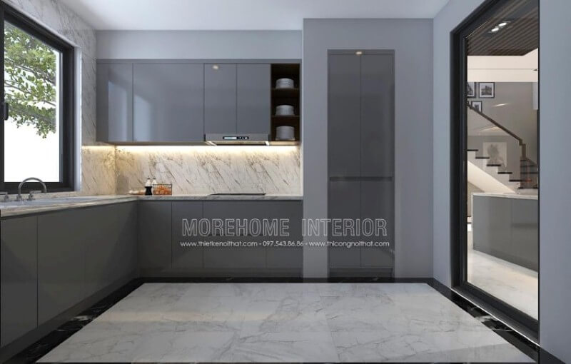 Tủ bếp hiện đại, sang trọng ấn tượng với chất liệu gỗ acrylic màu xám độc đáo. Mẫu tủ bếp biệt thự acrylic