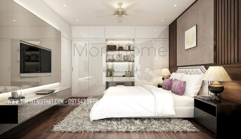 Tủ quần áo hiện đại vừa làm bàn trang điểm vừa để đồ trang trí vừa tận dụng không gian để quần áo với cửa 4 cánh cùng hệ tủ để đồ trên khá ngăn nắp giúp phòng ngủ trở nên gọn gàng, đẹp nhưng vẫn toát lên vẻ sang trọng, độc đáo. Thiết kế phòng ngủ nhà phố