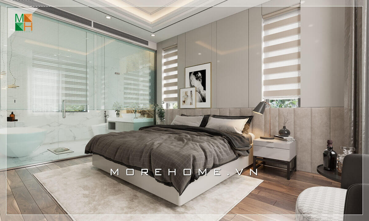 vách kính ngăn cách giữa phòng ngủ với nhà tắm, thiết kế thông minh sáng tạo biến căn phòng ngủ trở nên tiện nghi. Thiết kế phòng ngủ biệt thự