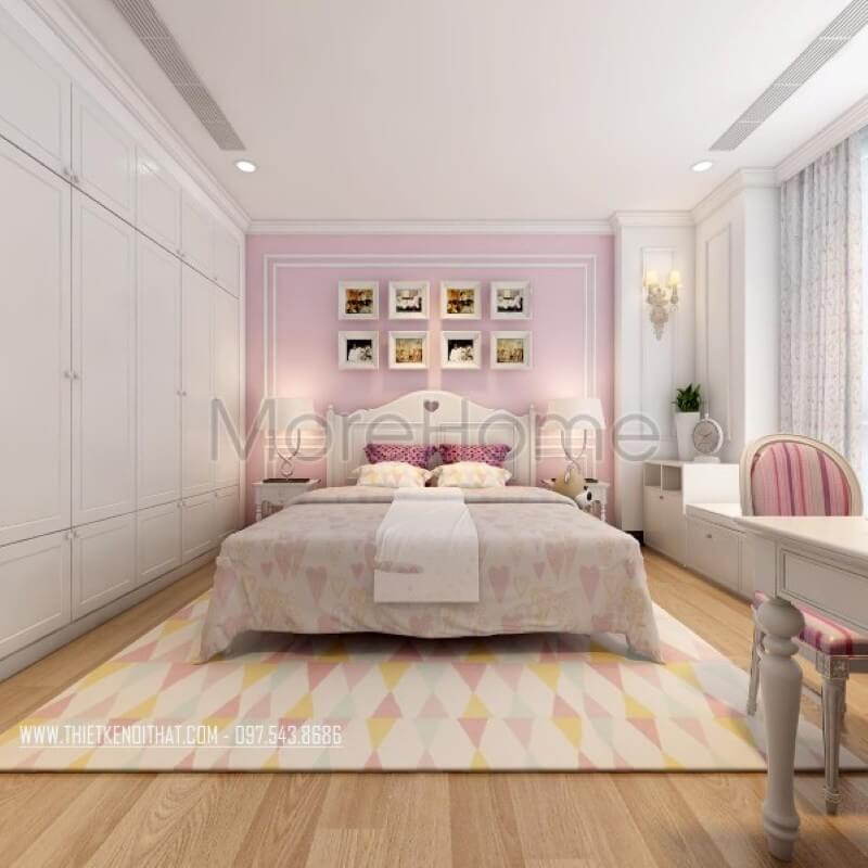 Trang trí nội thất phòng ngủ con chung cư cao cấp với gam màu hồng phấn đóng vai trò chủ đạo Mẫu nội thất chung cư đẹp