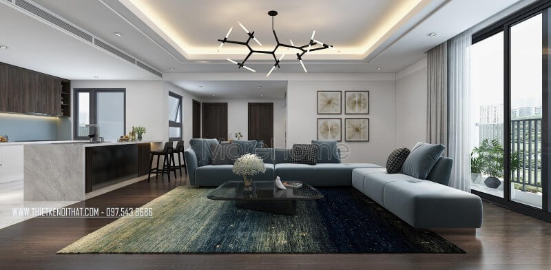 Chiếc sofa nỉ chữ L màu xanh là điểm nhấn nổi bật của căn phòng, đặc biệt gam màu này tạo sự mới lạ cho căn phòng Mẫu nội thất chung cư đẹp