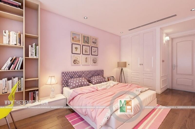 Thiết kế phòng ngủ chung cư nhỏ gọn với tông màu hồng nữ tính được các bé gái rất yêu thích. Mẫu nội thất chung cư đẹp