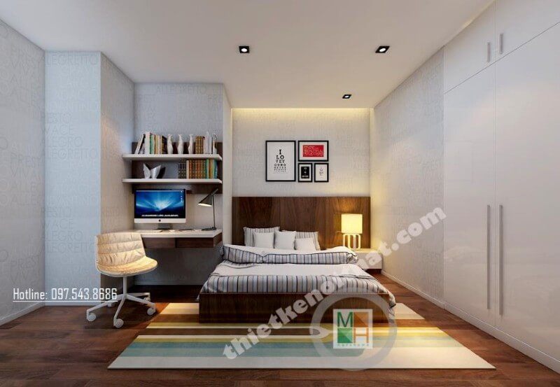 Giường ngủ gỗ công nghiệp hiện đại với tone màu nâu trầm được coi là điểm nhấn ấn tượng ở không gian phòng ngủ