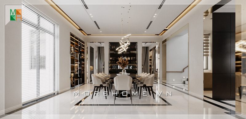 Bàn ghế đầy ấn tượng và hiện đại được bố trí ở giữa không gian phòng ăn.
