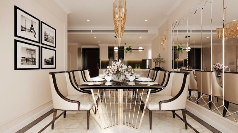 Nội thất phòng ăn của cư dân chung cư được thiết kế theo phong cách tân cổ điển.
