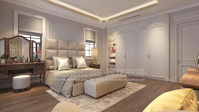 . Giường ngủ biệt thự cao cấp được thiết kế theo phong cách hiện đại, vuông vắn, đặc trưng của nó là phần đầu giường bọc da lớn kích thước lớn, mang lại sự thoải mái và tinh tế cho gia chủ.